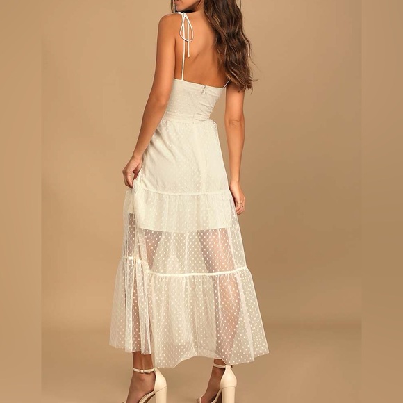 Lulus Romantic Spot Cream Polka Dot Mesh Tiered Midi Dress - Picture 4 of 11